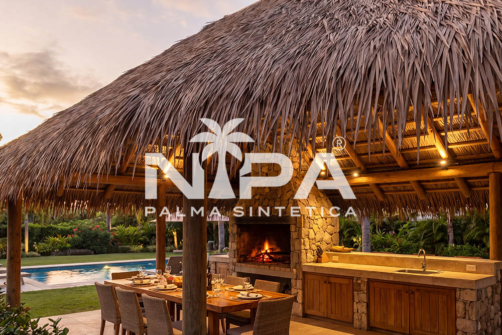 Cocina exterior con chimenea de piedra encendida y comedor bajo cubierta de palma sintética, junto a una piscina al atardecer