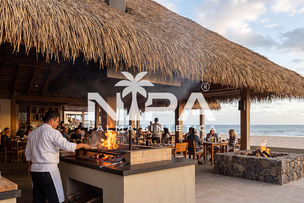 Restaurante de playa bajo techo de palma sintética con cocinero en la parrilla y fogata al atardecer