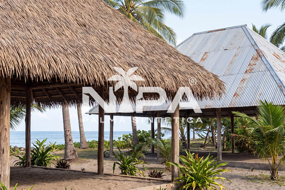 Synthetic palm thatch palapa with round timber posts next to a building with a metal sheet roof, by the sea