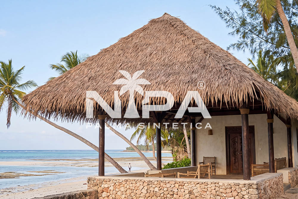 Beach villa with a hipped synthetic palm thatch roof, timber columns, a carved door and a stone base